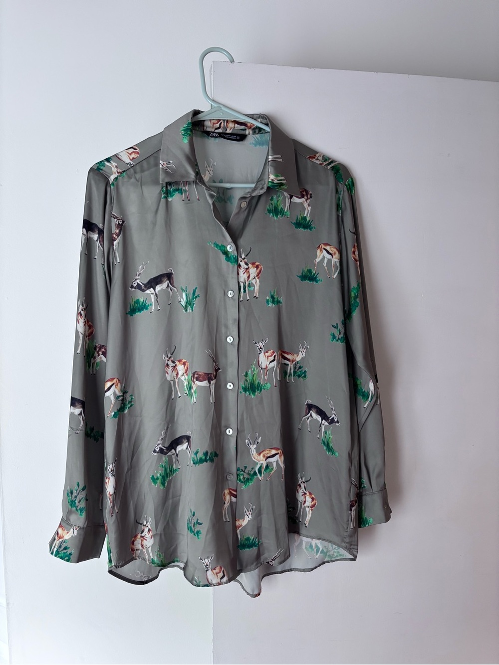 Zara Olive Green Deer-Print Animal Women's Button-Up Silk like Blouse